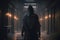 A spooky dark hooded figure walks along an abandoned hallway of a haunted mansion created by generative AI