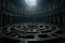 Spooky dark room with stone floor as maze, scary gloomy underground hall. Creepy strange dungeon like in horror movie. Concept of