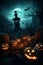 Spooky Digital Illustration, Pumpkins in Graveyard, Frightening Halloween Night, Perfect Backdrop