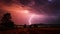 Spooky dusk, vibrant sky, glowing lightning, nature dramatic beauty generated by AI