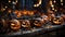 Spooky face Halloween carved pumpkins on as wooden surface for Hallows Eve - generative AI