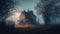 Spooky fog shrouds old dark tree, Halloween horror mystery generated by AI