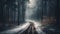 Spooky forest fog vanishing point mystery night generated by AI