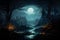 Spooky Forest Scene with a Haunting Moonlit Sky, Dark Clouds, Flying Owls and Gnarled Trees. Halloween Background. Generative AI