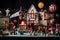 Spooky but fun carnival scene, with clowns, rides and a house as the centerpiece