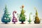 Spooky funny monster Christmas trees, cute cartoon characters