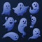 Spooky ghost. Cartoon ghosts, ghostly shadows or spirits. Funny cute transparent phantom, halloween scary flying and