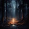Spooky ghostly scene in a dark, misty forest