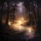 Spooky ghostly scene in a dark, misty forest