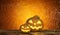 Spooky halloween background with grinning pumpkins and a cobweb