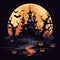 Spooky Halloween Castle Illustration Full Moon in Dark Indigo and Orange