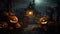 spooky halloween with glowing jack o lantern pumpkins and haunted house