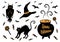 Spooky Halloween holiday decoration set: owl, black cat, cauldron with potion, witch hat, bats and sweets