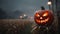 Spooky Halloween jack-o-lantern misty farm night