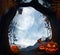 Spooky halloween landscape with pumpkins, dark atmospheric mood with moon