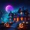 Spooky Halloween modern haunted house with pumpkins in colorful neon Creepy halloween Abstract neon