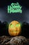 Spooky Halloween neon pumpkin in on a rock in the darkness