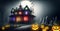 A spooky Halloween Party House with ghosts and Pumpkins