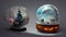 Spooky Halloween party in snow globe crystal ball for decoration on table background. Generative AI
