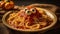 Spooky Halloween pasta dish with monster eyes and gummy worms in eerie, creative presentation. Perfect for holiday-themed events