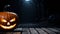 spooky halloween pumpkin on a misty wooden path in the dark woods and wooden table for product display