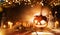 Spooky halloween pumpkin on wooden planks in dark cellar.