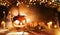 Spooky halloween pumpkin on wooden planks in dark cellar