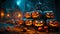 Spooky Halloween Scene with Intricately Carved Pumpkins in Front of Grand Church.Generative AI