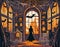 a spooky Halloween vector background set in a haunted house, with cobwebs, bats, and eerie portraits