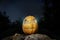 Spooky Halloween warm neon pumpkin in on a rock in the darkness