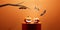 Spooky Haloween Pumpkins Jack O\\\' Lanterns on Podium and flying bats minimal orange background, 3d rendering