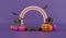 Spooky haloween pumpkins jack o\\\' lanterns on podium and flying bats on neon background.3d rendering