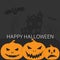 Spooky happy halloween card with jack-o-lantern pumpkins and bat on dark background