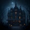 A spooky haunted house in moonlight while flickering jack o lanterns cast an eerie glow