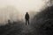 A spooky hooded figure standing on a country path on a eerie foggy winters day