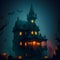 a spooky house enveloped in the chilling glow of a full moon with bats around