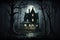 spooky house, with flickering lights and eerie shadows, surrounded by dark and foreboding forest