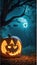 Spooky Jack-o\\\'-Lantern in a Glowing Forest Under the Radiant Moon Perfect Halloween Ambiance Stock Image