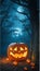 Spooky Jack-o\\\'-Lantern in a Glowing Forest Under the Radiant Moon Perfect Halloween Ambiance Stock Image