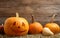 Spooky Jack pumpkin head lantern on hay. Halloween decoration