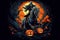 A spooky monster horseman with Halloween pumpkin riding horse