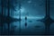 spooky, moonlit lake surrounded by dense, tangled forests. A ghostly figure emerges from the water, while a foggy mist