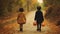 Spooky And Nostalgic: Two Children Holding Pumpkins On A Path