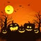 Spooky orange night background with full moon, clouds, bats, bare trees and five glowing pumpkins.