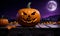 spooky orange and purple halloween scene with a carved pumpkin, autumn leaves, and a full moon