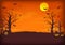 Spooky orange and purple night background with full moon, clouds, bats, trees and pumpkins.