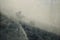 A spooky path going into the distance, on a hill on a foggy day, with a blurred, abstract, grunge, vintage edit