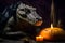 Spooky portrait of an alligator or crocodile in a Halloween setup in studio, dramatic lighting. Created with generative AI