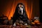 Spooky portrait of an Beagle (dog) in a Halloween setup in studio, dramatic lighting. Created with generative AI