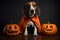 Spooky portrait of an Beagle (dog) in a Halloween setup in studio, dramatic lighting. Created with generative AI